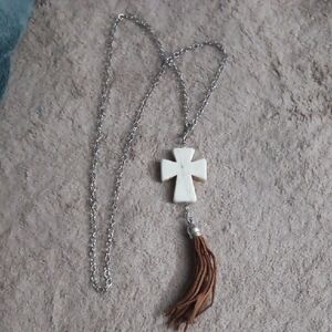 Silver Chain Necklace with White Cross Pendant